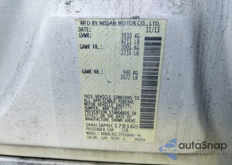 2014 Nissan Altima 2.5 S z USA, uszkodzony, nr VIN 1N4AL3AP4EC178160